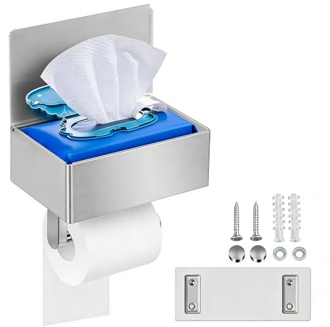 Toilettenpapierhalter mit Feuchttücherbox & Ablage, Ohne Bohren Edelstahl WC Rollenhalter, Klopapierhalter mit versteckter Aufbewahrung für Feuchttücher, Badezimmer & Gäste WC