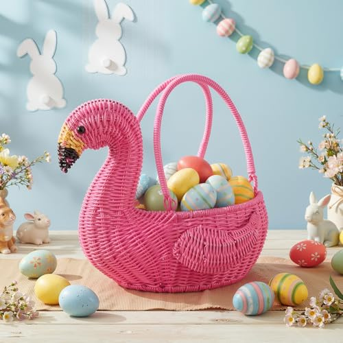 Ceenna Pink Flamingo Wicker Basket Flamingo Easter Basket Wicker Picnic Baskets with Handle Willow Storage Baskets for Weddings Garden and Home Decor