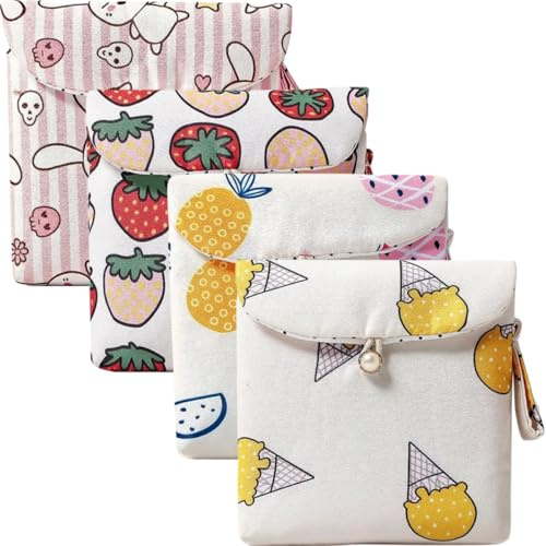 HONMEET Borsa per Assorbenti Igienici 4 Pezzi di Cotone Compatta e Portatile per Scuola Ufficio Chiusura a Cerniera per Ragazze