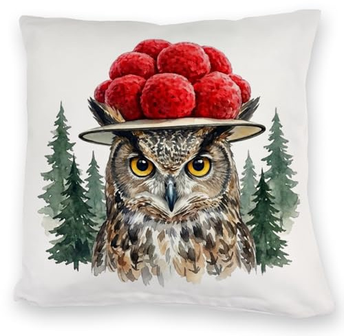 speecheese Kuschelkissen Uhu mit Bollenhut, Schwarzwald Motiv, lustig | Lustiges Dekokuschelkissen mit Eule und Schwarzwald-Tannen, für Naturfreunde. Flauschig weich, 40x40 cm, Reißverschluss.