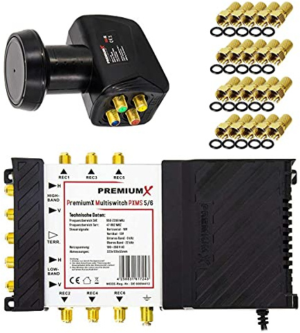Premium X Multischalter Set 5/6 Multiswitch Quattro LNB 20x F-Stecker, Satverteiler 1 SAT für 6 Teilnehmer HDTV FullHD 4K UHD 8K
