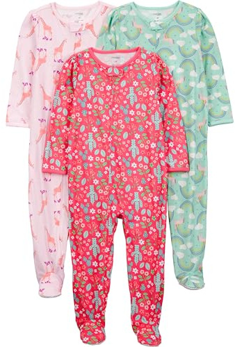Simple Joys by Carter's Toddler Girl's 3-Pack Loose Fit Flame Resistant Polyester Footed Pajamas Sleepwear, giraffe/rainbow/floral, 3T