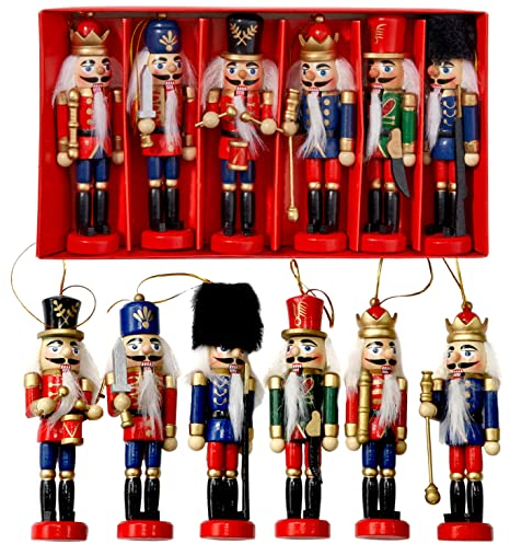 THE TWIDDLERS - 6 Traditionelle Weihnachts Nussknacker aus Holz, 13cm - Soldat Ornamente Baumbehang Christbaumschmuck Weihnachtsschmuck