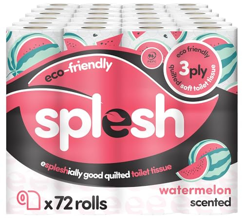 Splesh by Cusheen Toilet Roll 72 Rolls - Watermelon Scent Bulk Family Pack | Soft 3 Ply Quilted Bathroom Tissue Loo Rolls | Eco-Friendly, Sustainable Toilet Paper