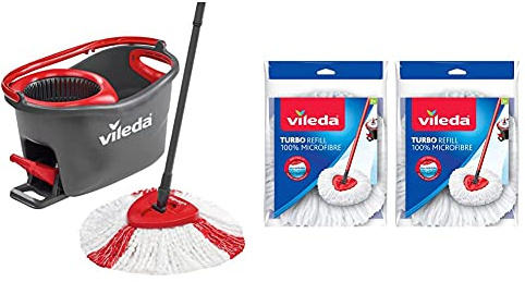 Vileda Turbo Microfibre Mop and Bucket Set & Turbo Classic Microfibre Mop Refill Head, Pack of 2