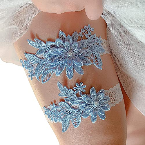 Powerful 2 Pcs Blue Garters for Brides, Wedding Garters for Brides, Bridal Garter Set for Wedding, Bridal Shower and Prom Party (Blue Flower)