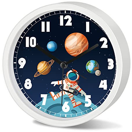 RAILONCH Kinderwecker Jungen Mädchen Ohne Ticken Analoger Kinder Wecker Weltraum, Rakete, Astronaut Karikatur Weckalarm, Geschenk für Kinder (4,Runden)