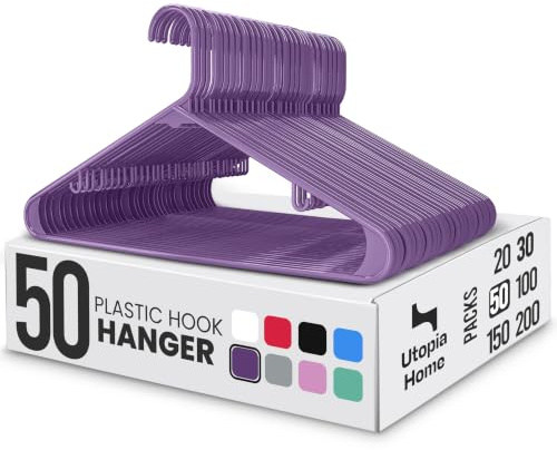 Utopia Home Plastic Hangers 50 Pack - Clothes Hanger with Hooks - Durable & Space Saving Coat Hanger - Heavy Duty Purple Hangers - Skirt Hangers