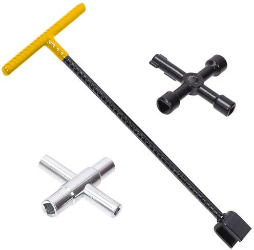 Swpeet Water Meter Key Wrench (3Pcs) and 4-Way Sillcock with Multi Functional Utility Tool Assortment Kit, Industrial Grade, Alloy Steel, Powder Coated