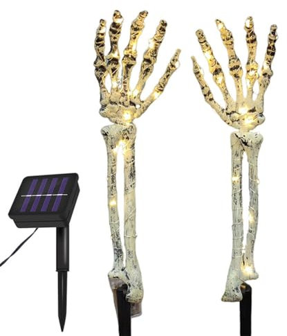 Halloween Deko Horror Skelett Hände LED Licht,2 Stück 40 Warmweißen LED Lichterkette Skelettarme,Wasserdicht Skelettarme Solarleuchten für Außen Garten Draußen Gruseliger Halloween Party Dekoration