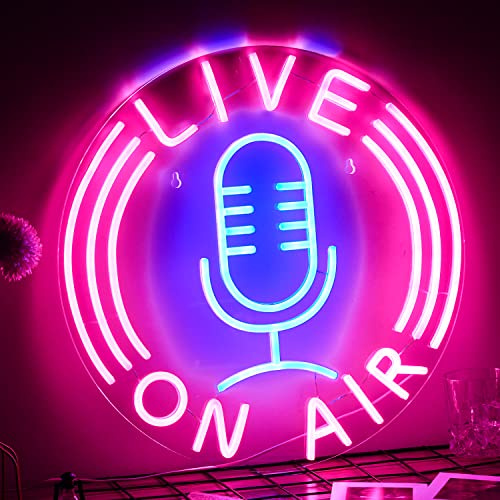 Neonschild Live On Air, Mikrofon, Neonlicht-Schilder für Wanddekoration, Live-On-Air-Neonlichter, USB-betrieben, 32 x 32 cm, LED-Schild für Radiosender, Jungen, Mädchen, Spielzimmer, Wohnzimmer