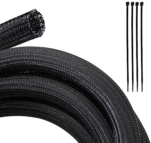RED WOLF 10 Feet - 3/4 Split Cable Sleeves Cord Management Braided Wire Loom Sleeving Protector Wiring Cable Cover Flexible Self-Wrap for Automotive Home Office Anti-Scratch High-Temperature Black