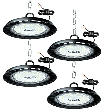 Wegoodlife 4 Paquete 150W UFO LED Lámpara de Alta Bahía, 15000LM Focos Led Interior Techo, 6500K Blanco Frío Iluminación de Almacén, IP65 Impermeable Lampara Industrial para Garaje, Fábrica, Taller