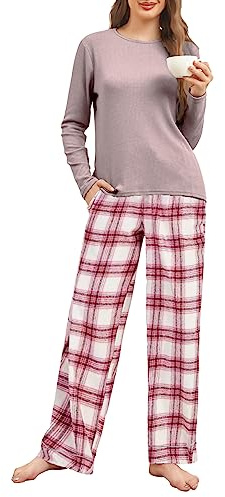 Famulily Womens Bequeme Langarm Pyjamas Set Nette Strick Top und Plaid Hosen Pjs Lounge Nachtwäsche Sets mit Taschen Rosa XL