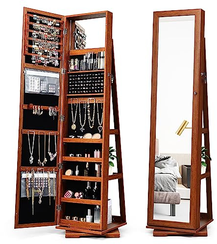 HOMASIS Schmuckschrank mit Spiegel & Leiterregal, 360°drehbarer Schmuckregal mit großem Stauraum aus Holz, abschließbarer Spiegelschrank mit Kettenhaken & Ringverschluss, 38 x 38 x 161 cm (Rotbraun)
