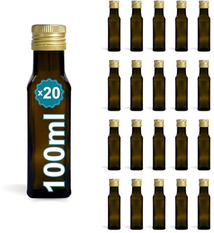 Espirito Rebelde 20 Botellas de Cristal Oscuro 100 ml con Tapón de Rosca Dorado – Botellas Pequeñas para Aceite de Oliva, Vinagre, Alcohol, Salsas, Poción Mágica – Muestras