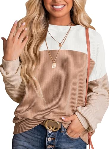 Dokotoo Womens Clothing Fashion 2026 Casual Long Sleeve Shirts for Women Crewneck Color Block Ladies Shirt Lightweight Knit Pullover Blouses Tunic Tops Sweaters Womens Trendy Clothes Chestnut Large