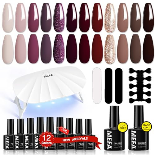 MEFA Starterset mit Lampe 6W, 12 Farben UV Nagellack Starterset Gelnägel Nude Lila Rot Braun Glitzer, Gel Nagellack Mit Base Top Coat und UV Lampe
