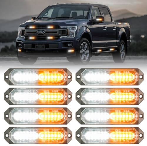 PKINGLAKE 8-Pcs 12 LED Sync Feature Emergency Strobe Grille Lights Ultra Slim Surface Mount Hazard Warning Flashing Light Bar for Firefighter/Construction/Police/Trucks/Vehicles/Car/SUV (Amber/White)
