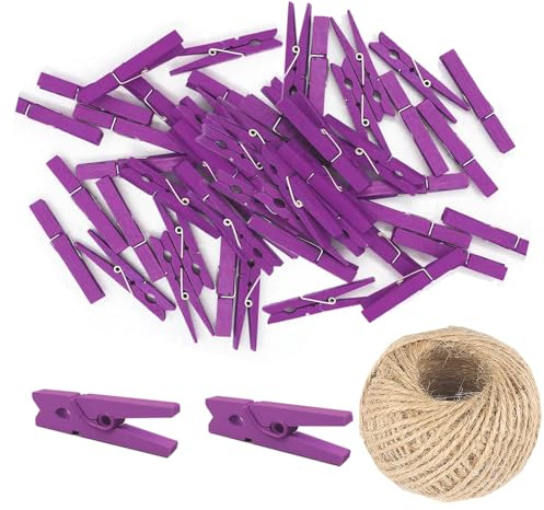 100 Pcs Mini 25mm Natural Wooden Clips Photo Clips Clothespin DIY Wedding Party Wooden Clip Clips Pegs with 98 FT Jute Twine String(Purple)