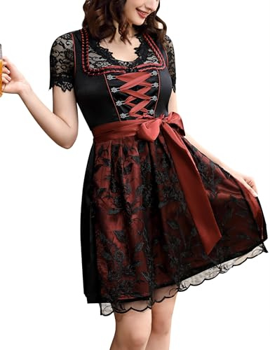 KOJOOIN Dirndl Corto da Donna in 3 Pezzi. Abito Midi Tradizionale per L'Oktoberfest con Grembiule in Pizzo Nero 40