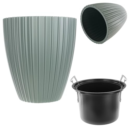 KADAX Übertopf Ø 30 cm mit Inneneinsatz, Runder Pflanztopf, Blumentopf aus Kunststoff, Pflanzentopf für Innen und Außenbereich, Dekorativer Blumenübertopf (Grün)