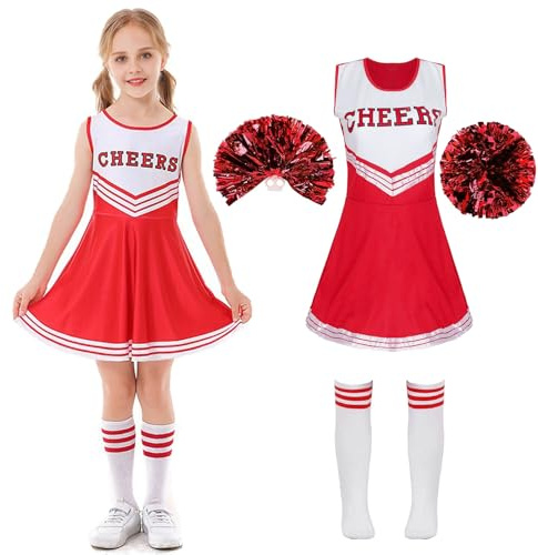 XFOZDM Cheerleader Kostüm Pompom Mädchen Kostüm Cheerleader Shorts Girl mit Pompoms und Socken Uniform Mädchen für Karneval Halloween Cosplay Outfit,Rot 130