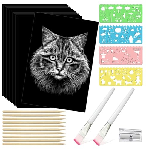 arlote 37-Teiliges Kratzpapier-Kunstset für Kinder und Erwachsene, Kratzbrett-Bastelsets, Schwarz Beschichtetes Kratzpapier, Holzstifte und Schablonen