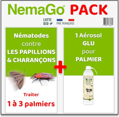 Nemago® - Nématodes Traitement contre le Papillon du Palmier et le Charançon Rouge - Traiter 1 à 3 Palmiers - Anti vers et larves (+ glu palmier) (+ Bombe Aérosol traitement Palmier)