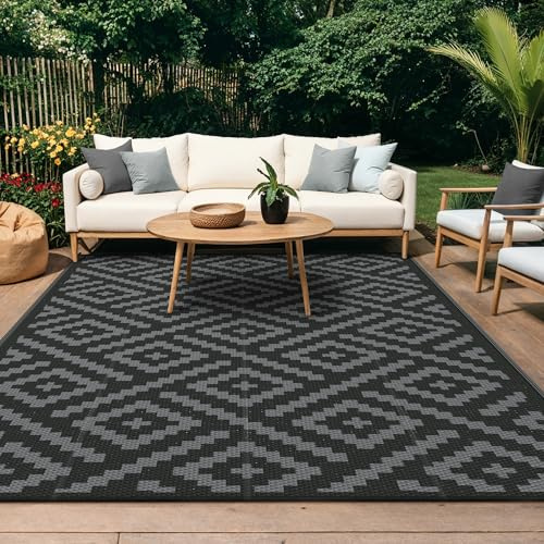 GENIMO Outdoor Teppich Wetterfest 240x300cm Plastik-Strohhalm Matte | UV-bestandig Camping Teppich Waschbarer Outdoor Teppiche fur Garten, Balkon,Pool, Deck, Hinterhof, Schwarz & Grau
