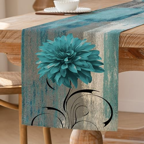 ViaElayu Camino de Mesa Turquesa Retro Flores Decoración de Mesa Camino de Mesa de Granja Rústico Pintura al óleo Mantel Decorativo 33 x 183 cm para Cocina Cafetería Fiestas Bodas