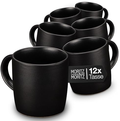Moritz & Moritz NORDIC Kaffeetassen Set 12-teilig Schwarz - ca. 300ml aus hochwertigem Steinzeug - Stilvolles Design mit Henkel - Tassen mit Henkel für Kaffee, Tee, heiße Schokolade, Cappuccino