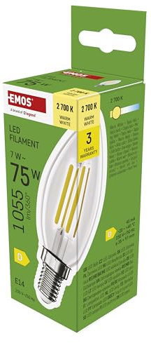 EMOS LED Lampe Edison Candle, 7W Ersatz für 75W Glühbirne, Vintage-Glühlampe mit E14 Sockel und Helligkeit 1055 lm, Warmweiß 2700 K, 25000 Stunden Lebensdauer, CRI > 80, 360° Abstrahlwinkel