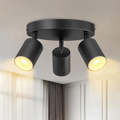 MKKM Deckenstrahler 3 Flammig Schwarz,Schwenkbar Deckenstrahler Spotleuchte Wandspot, GU10 (ohne Leuchtmittel) Retro/Vintage Deckenleuchte 230V Schwarz für Wohnzimmer Schlafzimmer Küchen