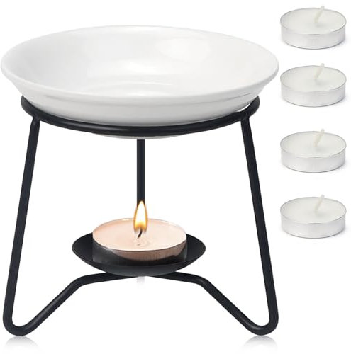 FSWWSF Quemador de aceites esenciales, lámpara aromática, vela de té, lámpara aromática, portavelas de cerámica y hierro, para meditación, spa, yoga, decoración del hogar (negro)
