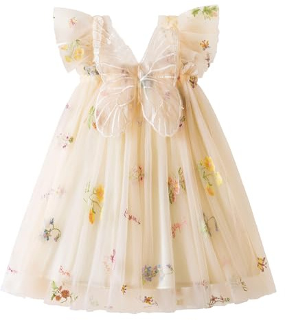 JiAmy Baby flickklänning småbarn tutu tyll fjärilsklänningar spädbarn ärmlös bröllop födelsedagsfest prinsesskläder för flickor 6 månader – 5 år, BEIgE, 3-4 År