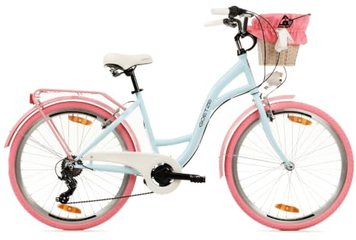 Goetze Mood Alu Damenrad 26 Zoll, 6-Gang mit Korb | Aluminiumrahmen, Tiefeinstieg, Shimano-Antrieb, V-Brakes, LED-Beleuchtung, Reflektoren, Gepäckträger, Korb