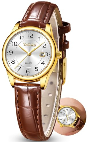 Taxau Damenuhr Lederarmband Analog Quarz–Elegante Armbanduhr Damen mit Datumsanzeige, Kleine 28mm Damen Uhr, 3Bar Wasserdicht,Klassisches Design Geschenke für Frauen