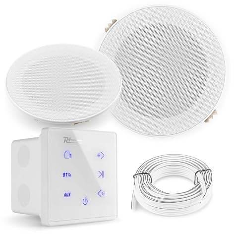 Power Dynamics A50 Bluetooth Deckenlautsprecher Set – 2X Einbaulautsprecher 5 IPX5 Wasserdicht – 80W Verstärker – Badezimmer & Außenbereich – Unterputzradio, 55mm Tief - Weiß/Weiß