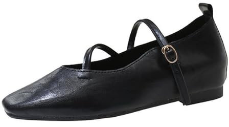 Ballet Flats for Women with Strap, Women's Mary Jane Shoes Low Heel Slip On Flats Close Toe Pumps Fashion Square Toe Shoes Lightweight Comfortable Flat Shoe Casual Walking Shoes with Buckle Black