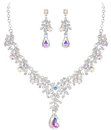 EleQueen Elegante Hochzeit Kostüm Kristall Blumen Blatt Halskette baumeln Ohrringe Set für Frauen, Brautschmuck Set für Braut Brautjungfer Zubehör Weiß Silber-Ton