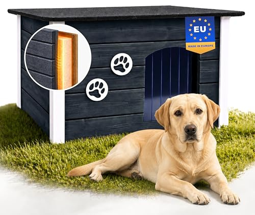 Outentin Niche pour Chien en Bois Isolée XL – Grande Maison Chien Extérieur Hiver – Refuge pour Chiens Jardin avec Toit Ouvrant – Niche Extérieure pour Grand Chiens en Bois FSC – 105 x 71 x 64 cm,Gris