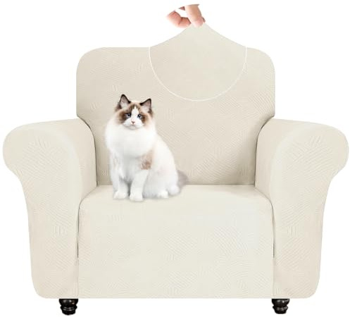 YSTELLAA Stretchigt Sofföverdrag Med Armstöd 1-Sit, Elastiskt Soffskydd Universell, Pet Soff Cover Töjbart Överdrag, Modernt Soffskydd Jacquard, Avtagbar Halkfri Fåtöljöverdrag, Naturvit | Sofföverdrag med armstöd, soffskydd, halkfritt, reptåligt och smutsavvisande