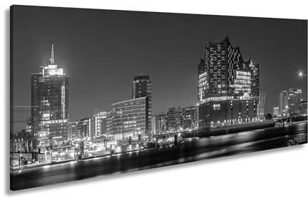 Leinwandbild Lichtermeer der Stadt – Hamburgs Nacht in voller Pracht. Panorama 120x60cm Effekt: Schwarz&Weiß XXL Kunstdruck Bild auf Keilrahmen/Wandbild/Wohnzimmer Dekoration