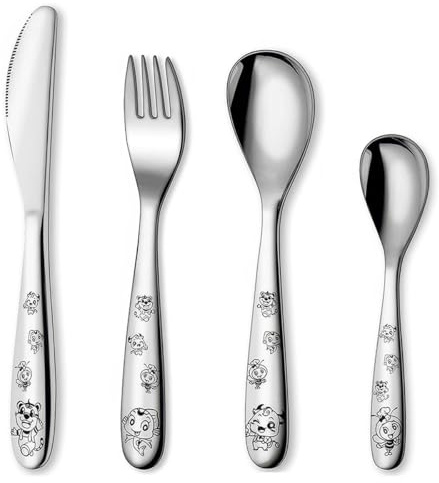 Posate Bambini Acciaio Set 4 Pezzi, Posate Acciaio Inox Bambini, Lucidatura a Specchio Fatta a Mano, Maniglia a Disegno Animato, Bambini di Oltre 3 Anni Forchette