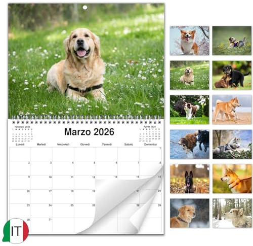 AEYAKA 2026 Calendario de perros A4 – Calendario mensual para colgar, desplegado A3, organizador de pared y planificador para familia, oficina y hogar Italiano