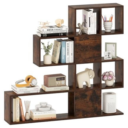 GOPLUS Bücherregal mit 10 Fächern, Raumteiler Regal, Stufenregal aus Holz, Treppenregal Holzregal für Schlafzimmer & Wohnzimmer, 120 x 20 x 109 cm (Braun)