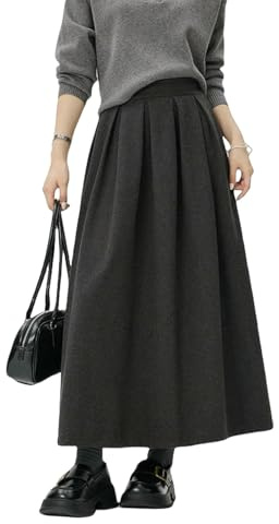 Gyios Gonna Lunga Gonne Lunghe A Pieghe Donna Autunno Inverno Coreano Vita Alta Trapezio Elegante Midi retrò-Grigio Scuro-s