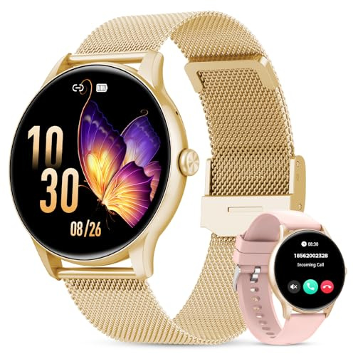 Elegante Smartwatch Damen mit Telefonfunktion, 1,39 Zoll Voll Touch Screen Fitness Tracker, 120+ Sportmodi, IP68 Wasserdicht Smart Watch mit Herzfrequenz, SpO2, Schlafmonitor für iOS Android, Gold