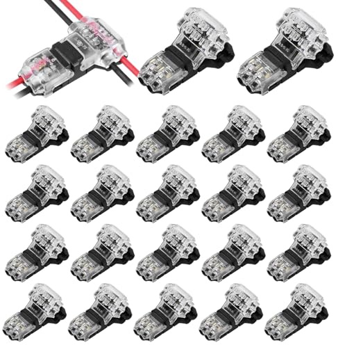 20 Pcs T Tap Wire Connectors 12V, 2 Pin 3 Way Quick Splice Low Voltage No Stripping Cable Connector, for 18-22 AWG 0.35-0.75mm² LED Strip, Audio, Vehicles, Heat Resistant Copper Solderless Design